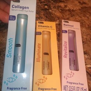 Serum under eye rollers three-piece set includes vitamin C collagen and retinol.